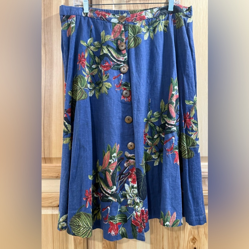 Flint & Moss Floral Tropical Button Front Cotton Linen Blue Full Skirt Size XL